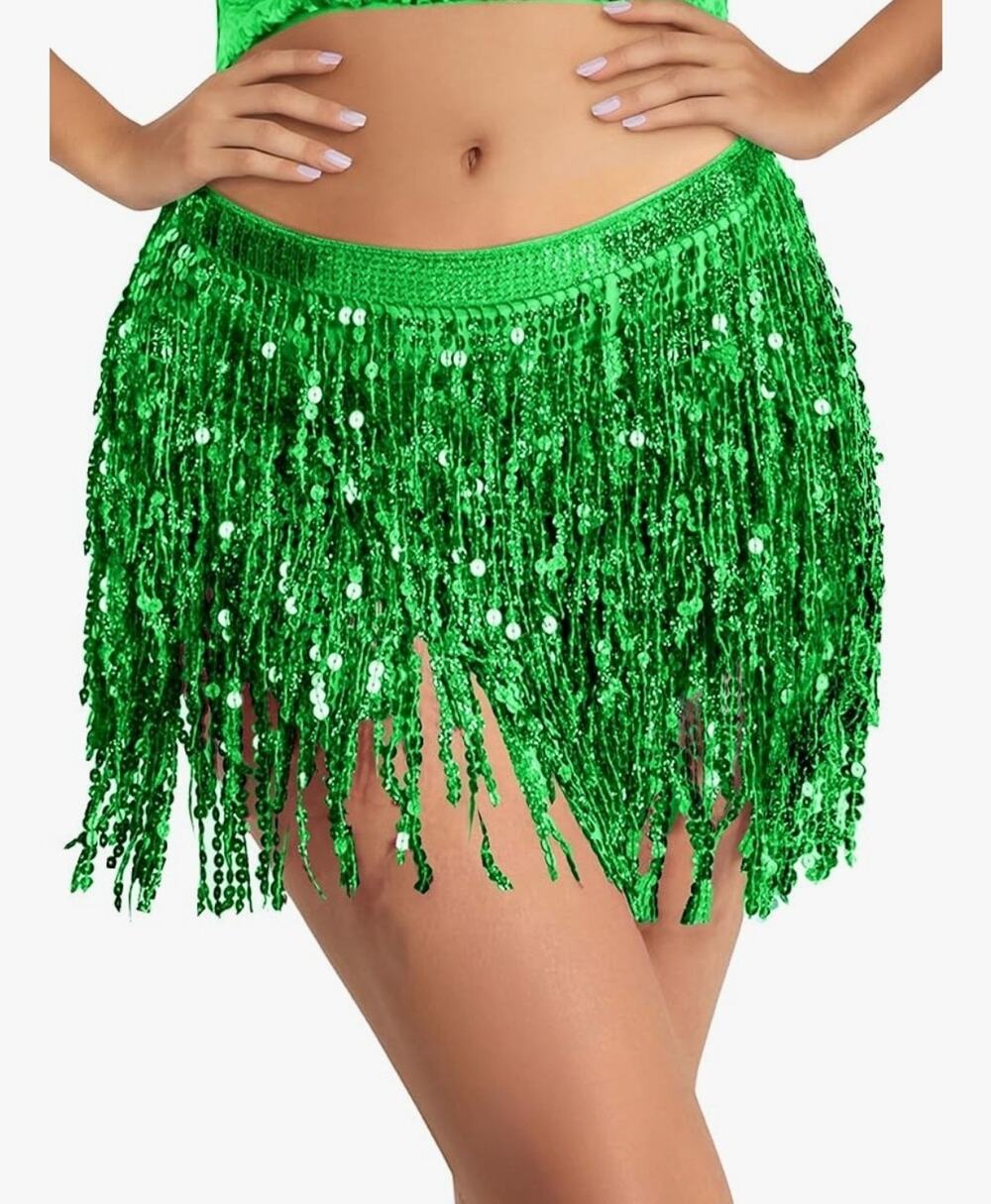 Green Sequins Tassel Dancewear Sexy Mini Skirt Belly Dance Halloween Accessory